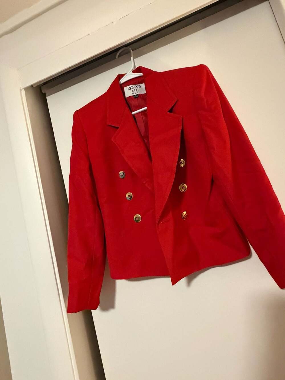 Kasper ASL Petite Vintage Red Double-Breasted Blazer with Gold Chain Detail